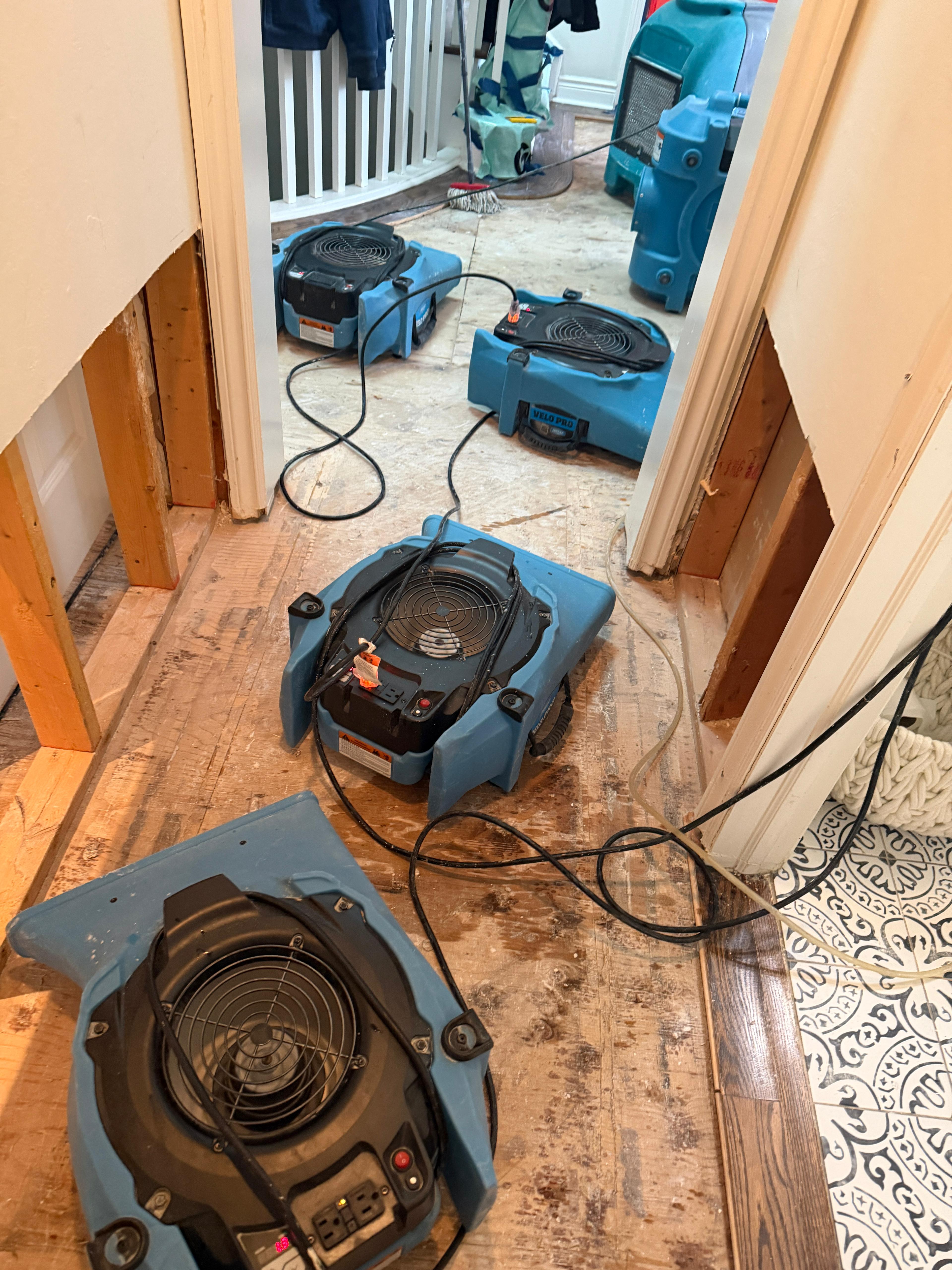 Industrial air movers and extraction equipment deployed during water damage restoration in a Scarborough home